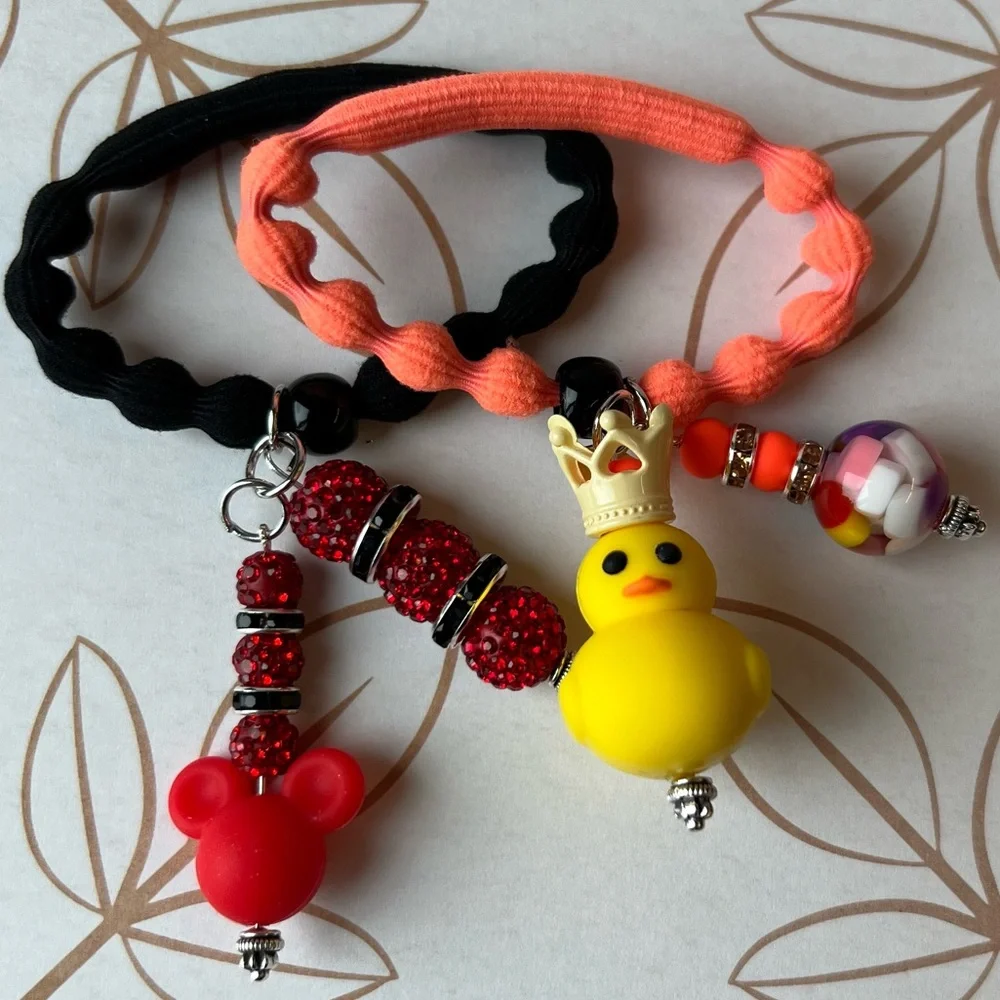 Beaded Mickey and Rubber Duck Hair Ties - Black and Orange Ties
